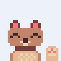 Cute pixel art cat character with closed eyes, smiling expression, and raised paw showing pink pads. Simple, friendly design on a light background.