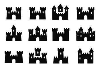 Fototapeta premium Castle fortress silhouette icon set. Medieval stronghold and citadel collection for history or fantasy. Simple black glyph vector for logo, security, defense, and architecture.