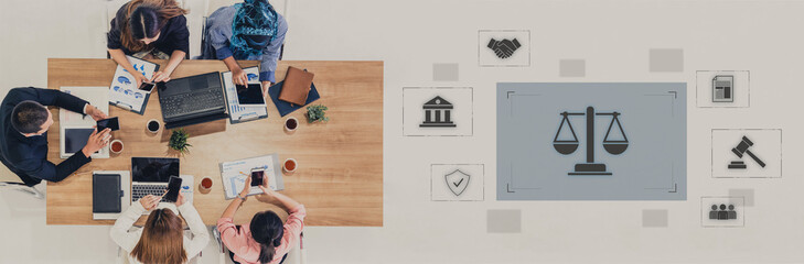 Legal compliance and governance concept showing justice scale, courthouse, contract, policy, agreement, rule, and protection of rights in legal or business environment Vouch