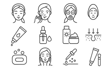 Skin care routine and beauty treatment outline icon set. Dermatology and cosmetics essentials in line art style. Vector collection for facial cleansing, moisturizing, and acne care.