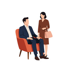 Fototapeta premium Businessman sitting on armchair talking with businesswoman standing in casual office attire vector illustration 