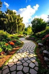 Fototapeta premium A serene garden scene featuring a winding stone pathway surrounded by blooming flowers, various green trees including a weeping willow and palm trees, under a partly cloudy sky with warm sunlight cast