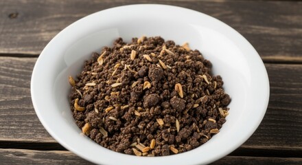 A white bowl of healthy chocolate granola with oats and dried fruit on a dark wooden background.