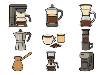 Coffee brewing methods vector icon set. Collection of equipment for making coffee at home: drip machine, French press, moka pot, pour-over, siphon, cezve, AeroPress.