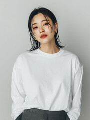 Obraz premium A beautiful female model wearing a white t-shirt. A product shot for fashion and apparel. best use for mockup.