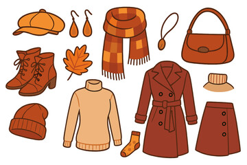 Autumn fashion set of warm clothes and accessories. Vector cartoon collection of a stylish woman's wardrobe essentials for the fall season. Isolated coat, sweater, boots, scarf.