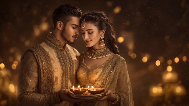 Indian couple in ethnic attire posing beside string lights, diya tray in hands, romantic festive background