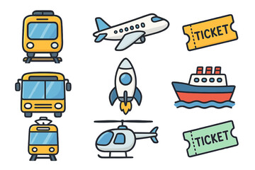 Transport icons set. Cartoon travel collection with train, airplane, bus, ship, rocket, helicopter. Public transportation vehicle symbols. Vector line illustration isolated.