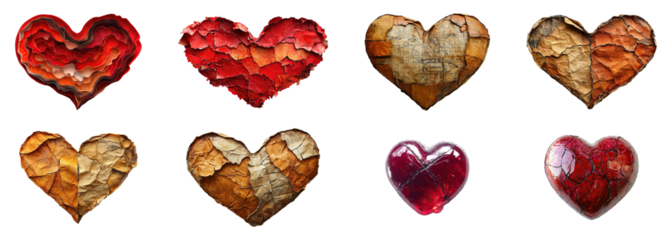 A set of heart shapes, symbols of love and romance, for Valentine's Day and wedding decorations, isolated on a transparent background. PNG