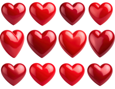 Array of Red Hearts in Various Stages of Light and Shadow Against Transparent Background