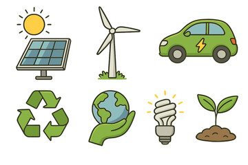 Renewable Energy Icons Illustrating Diverse Sustainable Technologies and Eco-Friendly Practices for a Clean Green Future, Vector Cartoon Illustration on Transparent Background
