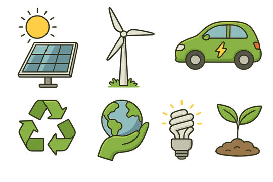Renewable Energy Icons Illustrating Diverse Sustainable Technologies and Eco-Friendly Practices for a Clean Green Future, Vector Cartoon Illustration on Transparent Background
