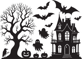 Obraz premium Halloween vector silhouette: haunted house, bats, ghosts, tree, pumpkins - spooky clip art eps