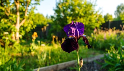 A deep purple iris in a garden setting, bathed in sunlight