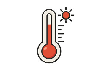 Thermometer icon indicating high temperature with red liquid, minimalist scale design, sun symbol, vector cartoon illustration on transparent background, heat indicator concept