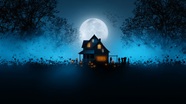 Vector design of the flyer for halloween. Template of poster with terrible house on blue background. Halloween party greeting card.
