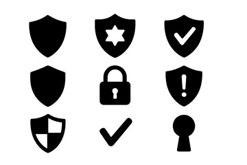Security and protection glyph icon set. Cybersecurity and data privacy symbols. Vector shield, lock, checkmark, and alert signs. Antivirus and safety concepts collection.