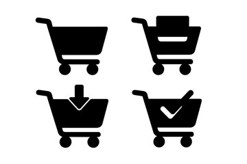 E-commerce shopping cart icon set. Web store silhouette symbols for buy, add to cart, checkout, and purchase. Digital basket, trolley, and retail vector graphic elements.