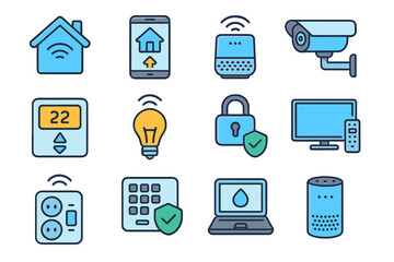 Smart home technology icons with connected devices, wireless controls, security cameras, smart lighting, thermostats, voice assistants, and digital home automation vector set