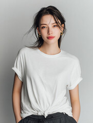 Obraz premium A beautiful female model wearing a white t-shirt. A product shot for fashion and apparel. best use for mockup.