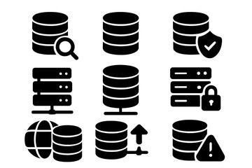 Database and server solid icon set. Big data, cloud computing, and web hosting glyphs. Data center, network storage, security, backup, search and analysis vector illustration.