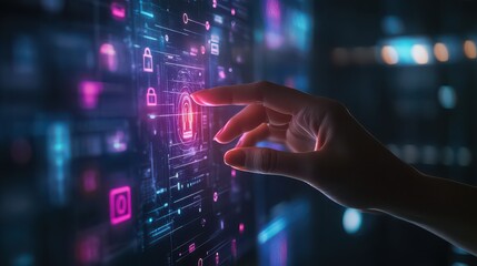 Hand interacting with a digital interface with lock icon