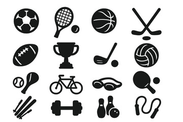 Sports silhouette icon set. Recreation and fitness pictograms. Vector collection of game equipment for active lifestyle. Soccer, basketball, tennis, golf, gym and cycling symbols.