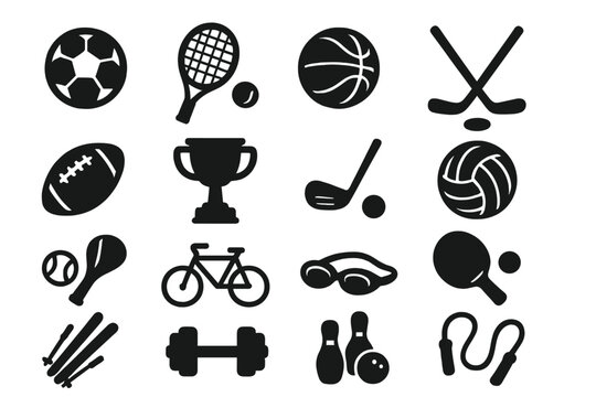 Sports silhouette icon set. Recreation and fitness pictograms. Vector collection of game equipment for active lifestyle. Soccer, basketball, tennis, golf, gym and cycling symbols.