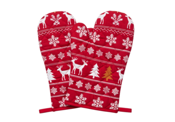 Christmas oven mitts with reindeer and snowflake pattern isolated on transparent background