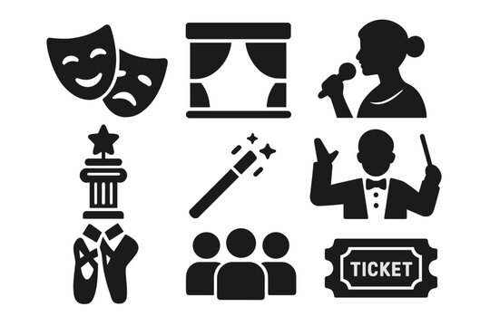 Theater and performance solid icon set, artistic entertainment symbols collection, vector cartoon illustration with transparent background, acting, music, dance, magic, ticket, stage elements