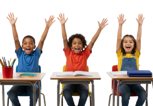 Joyful elementary students raising hands in celebration, expressing excitement for learning and academic achievements in a bright classroom setting - Powered by Adobe