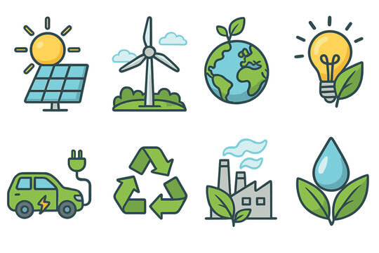 Renewable Energy Icons Illustrating Diverse Clean Sustainable Technologies and Eco-Friendly Practices for a Green Future Concept Vector Cartoon Set
