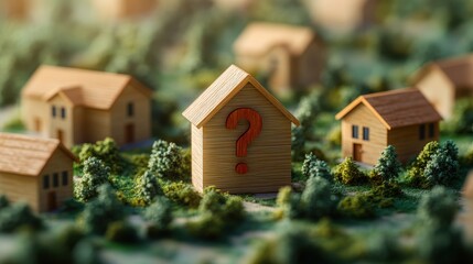 Detailed miniature landscape scene featu small wooden houses and a central house with a red question mark symbol
