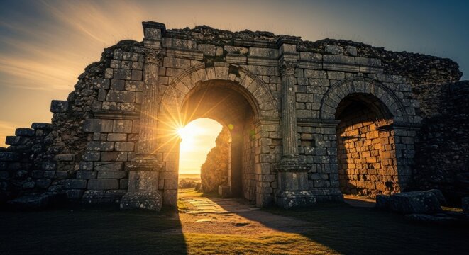 Ancient stone gateway ruins illuminated by a beautiful golden sunset.