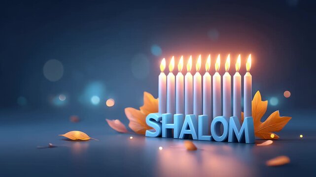 menorah softly glowing in twilight, warm light text Shalom