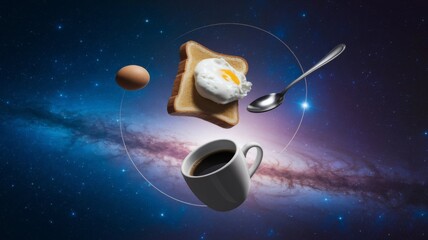 Surreal Cosmic Breakfast with Coffee, Egg, and Toast Floating in Space
