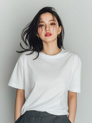 Obraz premium A beautiful female model wearing a white t-shirt. A product shot for fashion and apparel. best use for mockup.