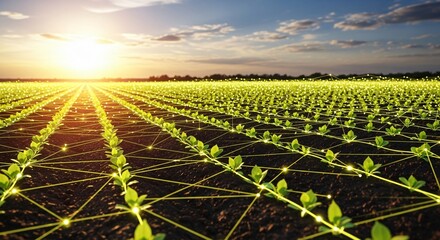 Smart farming network connecting young plants under sunrise glow