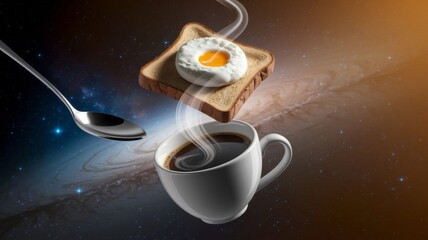 Surreal Cosmic Breakfast with Coffee, Egg, and Toast Floating in Space