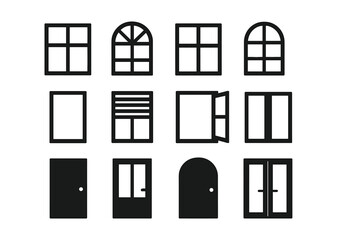 Window and door silhouette icon set. Minimalist home design elements. Architecture and construction vector graphics for real estate. Simple building entrance and frame outlines.