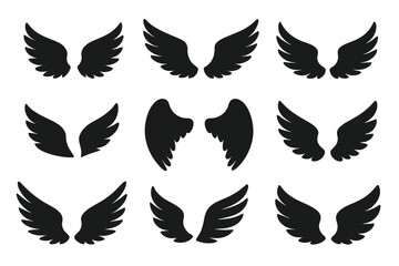 Obraz premium Wings silhouette icon set. Angel, bird, or eagle wings collection. Various shapes for flight, freedom, or heaven concepts. Black feather design elements for logo or tattoo.