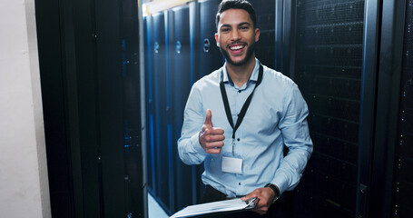 Happy man, portrait and server room with thumbs up for network control or cybersecurity service. Male person, technician or IT engineer with smile, like emoji or yes sign for connectivity checklist