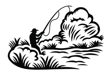 Silhouette Fisherman Holding Fishing Rod With Bushes White Background