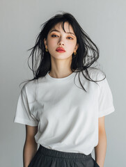 Fototapeta premium A beautiful female model wearing a white t-shirt. A product shot for fashion and apparel. best use for mockup.