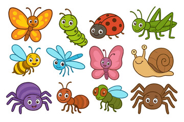 Colorful Vector Illustration of Various Insects and Arachnids for Educational and Children's Learning Materials, Featuring Cartoon Style Beetle, Butterfly, Caterpillar, Spider, Snail, and More