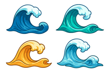 Fototapeta premium Unique stylized waves in vibrant colors, vector set of 4 cartoon ocean wave designs, beach theme, surf, sea illustration, dynamic water splash, coastal elements, marine art