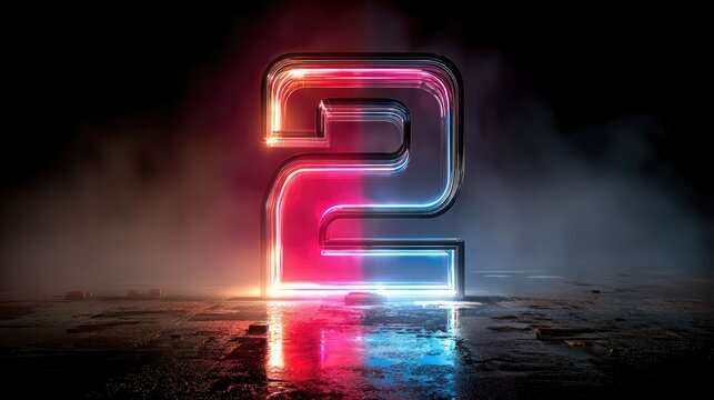 Neon number two, split red & blue, reflected on dark ground
