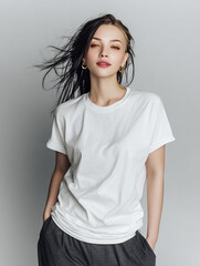 Obraz premium A beautiful female model wearing a white t-shirt. A product shot for fashion and apparel. best use for mockup.