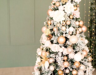 A flocked Christmas tree decorated with blush, gold, and white ornaments, flowers, and lights