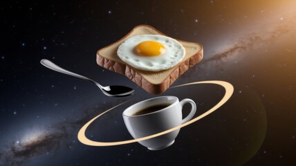 Surreal Cosmic Breakfast with Coffee, Egg, and Toast Floating in Space